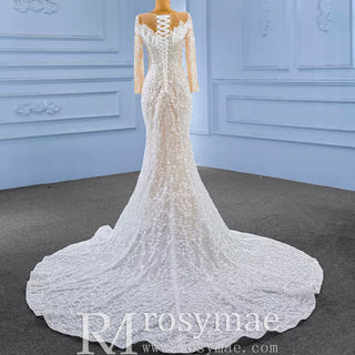 Long Sleeve Exquisite Wedding Gown Floral Lace Mermaid Wedding Dress - Rosymae