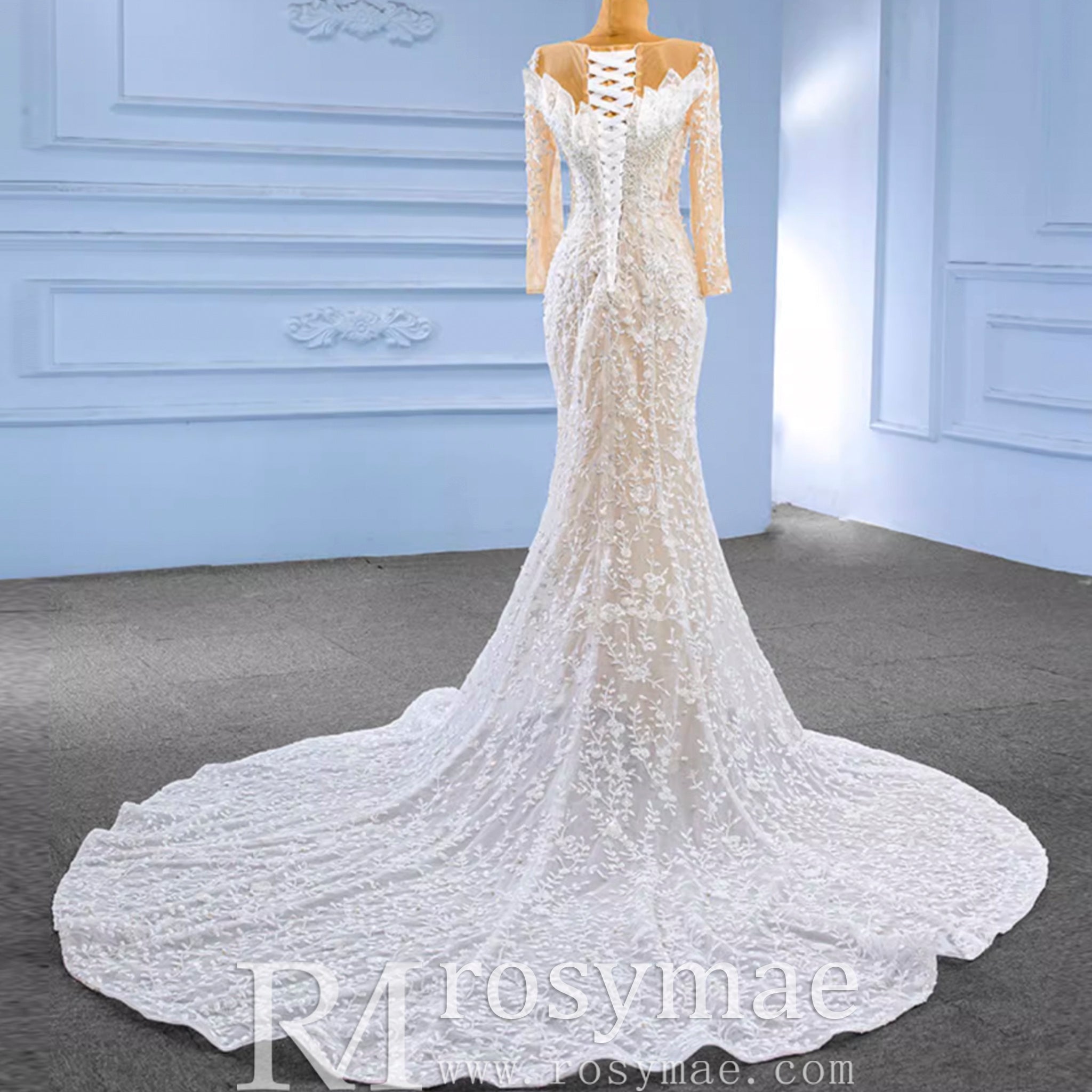 Long Sleeve Exquisite Wedding Gown Floral Lace Mermaid Wedding Dress - Rosymae