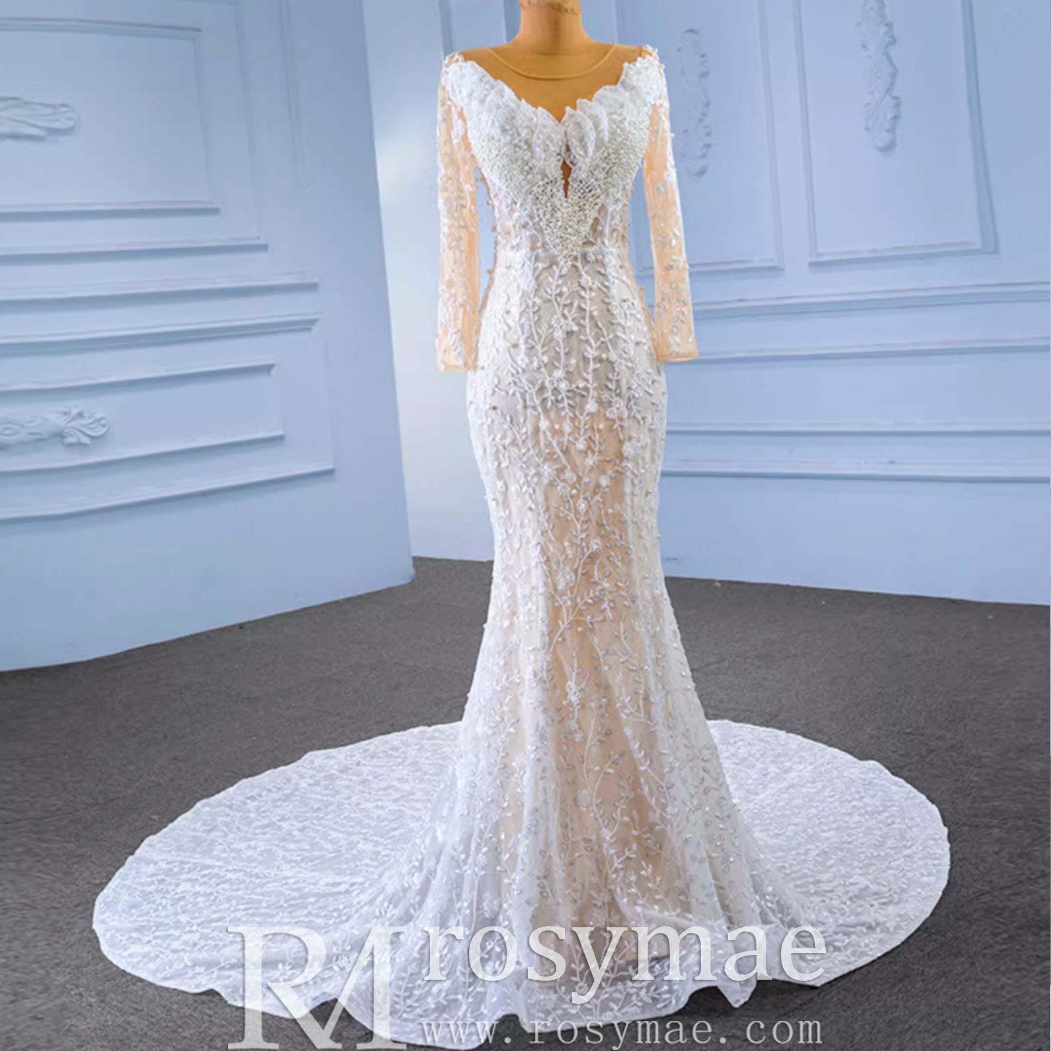 Long Sleeve Exquisite Wedding Gown Floral Lace Mermaid Wedding Dress - Rosymae