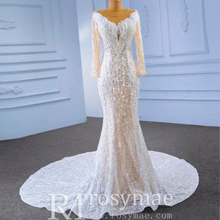 Long Sleeve Exquisite Wedding Gown Floral Lace Mermaid Wedding Dress - Rosymae