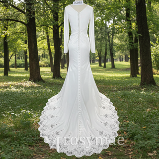 Elegant Deep Vneck Women Mermaid Wedding Dress with Long Sleeves