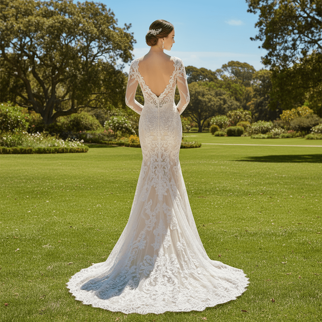 Long Sleeve Fit and Flare Lace Wedding Dress with Vneck - Rosymae