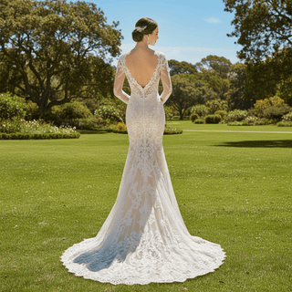 Long Sleeve Fit and Flare Lace Wedding Dress with Vneck - Rosymae