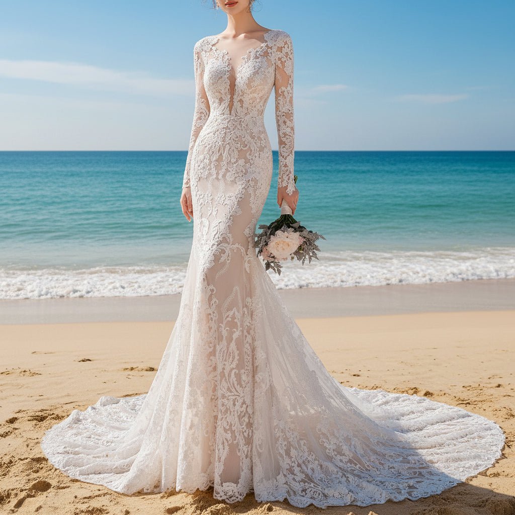 Long Sleeve Fit and Flare Lace Wedding Dress with Vneck - Rosymae