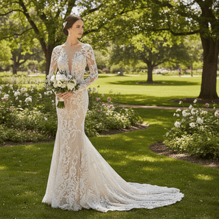 Long Sleeve Fit and Flare Lace Wedding Dress with Vneck - Rosymae
