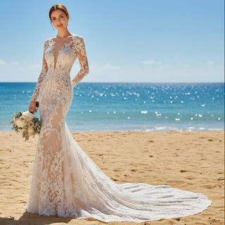 Long Sleeve Fit and Flare Lace Wedding Dress with Vneck - Rosymae