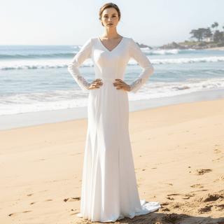 Long Sleeve Fit and Flare Wedding Dress with Sheer Back - Rosymae