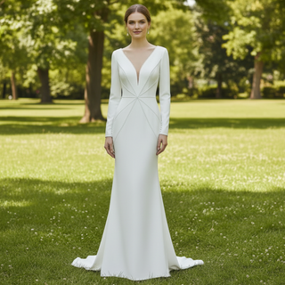 Elegant Deep Vneck Women Mermaid Wedding Dress with Long Sleeves