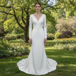 Elegant Deep Vneck Women Mermaid Wedding Dress with Long Sleeves