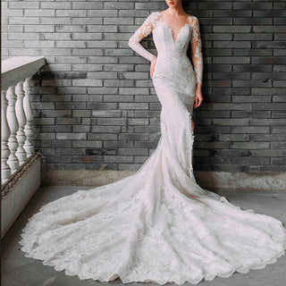 Long Sleeve Lace Overlay Mermaid Wedding Dress with Vneck