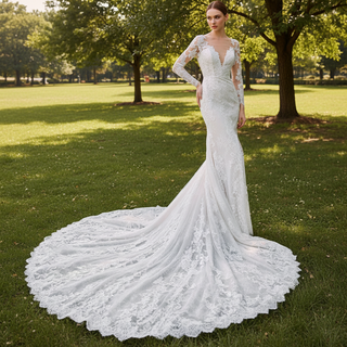 Long Sleeve Lace Overlay Mermaid Wedding Dress with Vneck