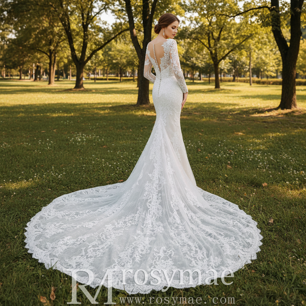 Long Sleeve Lace Overlay Mermaid Wedding Dress with Vneck Ivory / 18 Long Sleeve Lace Overlay Mermaid Wedding Dress with Vneck Ivory / 18