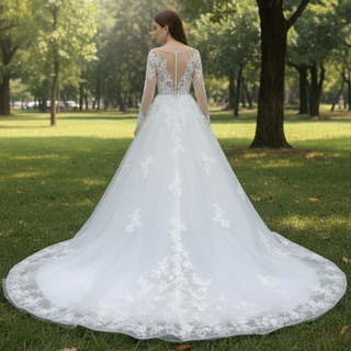 Classic Lace Illusion Long Sleeve Ball Gown Wedding Dress for Elegant Bride