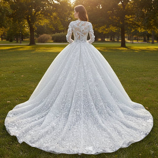 Long Sleeve Floral Lace BallGown Wedding Dress with Deep Vneck - Rosymae