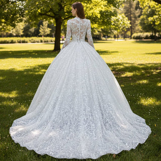 Long Sleeve Floral Lace BallGown Wedding Dress with Deep Vneck - Rosymae