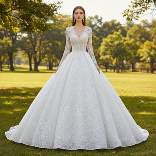 Long Sleeve Floral Lace BallGown Wedding Dress with Deep Vneck - Rosymae