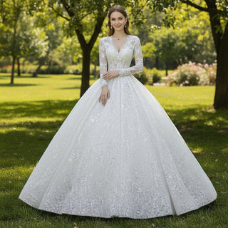 Long Sleeve Floral Lace BallGown Wedding Dress with Deep Vneck - Rosymae