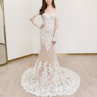 Floral Lace Trumpet Mermaid Wedding Dress with Sheer Long Sleeve