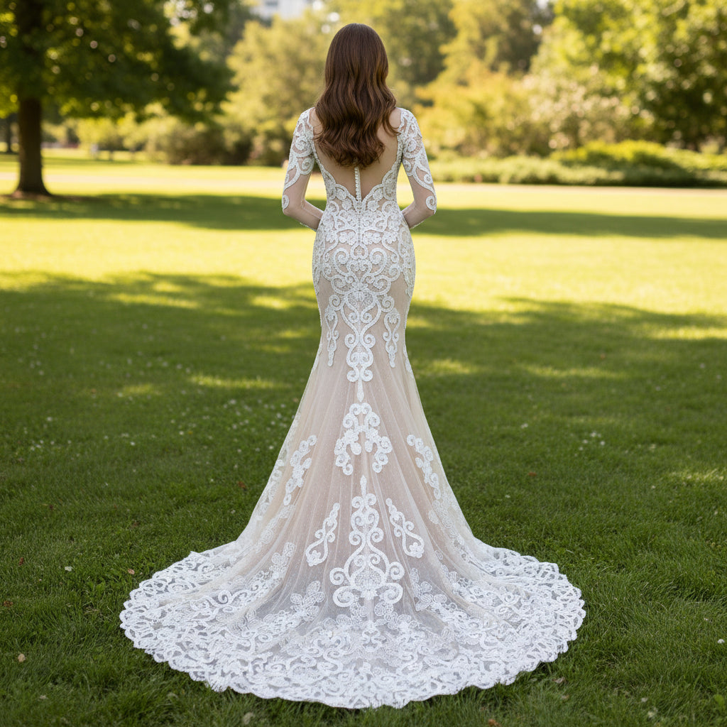 Floral Lace Mermaid Wedding Dress with Sheer Long Sleeve Rosymae Floral Lace Mermaid Wedding Dress with Sheer Long Sleeve Rosymae