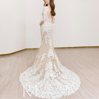 Floral Lace Trumpet Mermaid Wedding Dress with Sheer Long Sleeve