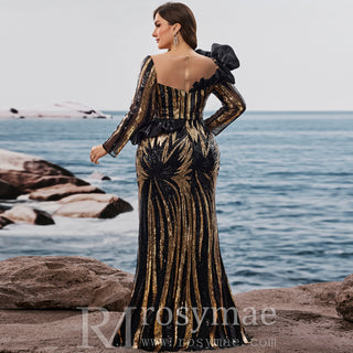 Plus Size Luxury Sequin Long Sleeves Mermaid Evening Dress with Ruffle Trim