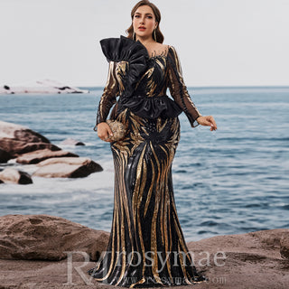 Plus Size Luxury Sequin Long Sleeves Mermaid Evening Dress with Ruffle Trim