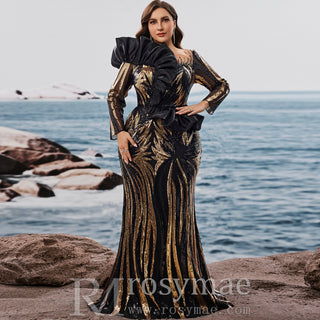 Plus Size Luxury Sequin Long Sleeves Mermaid Evening Dress with Ruffle Trim