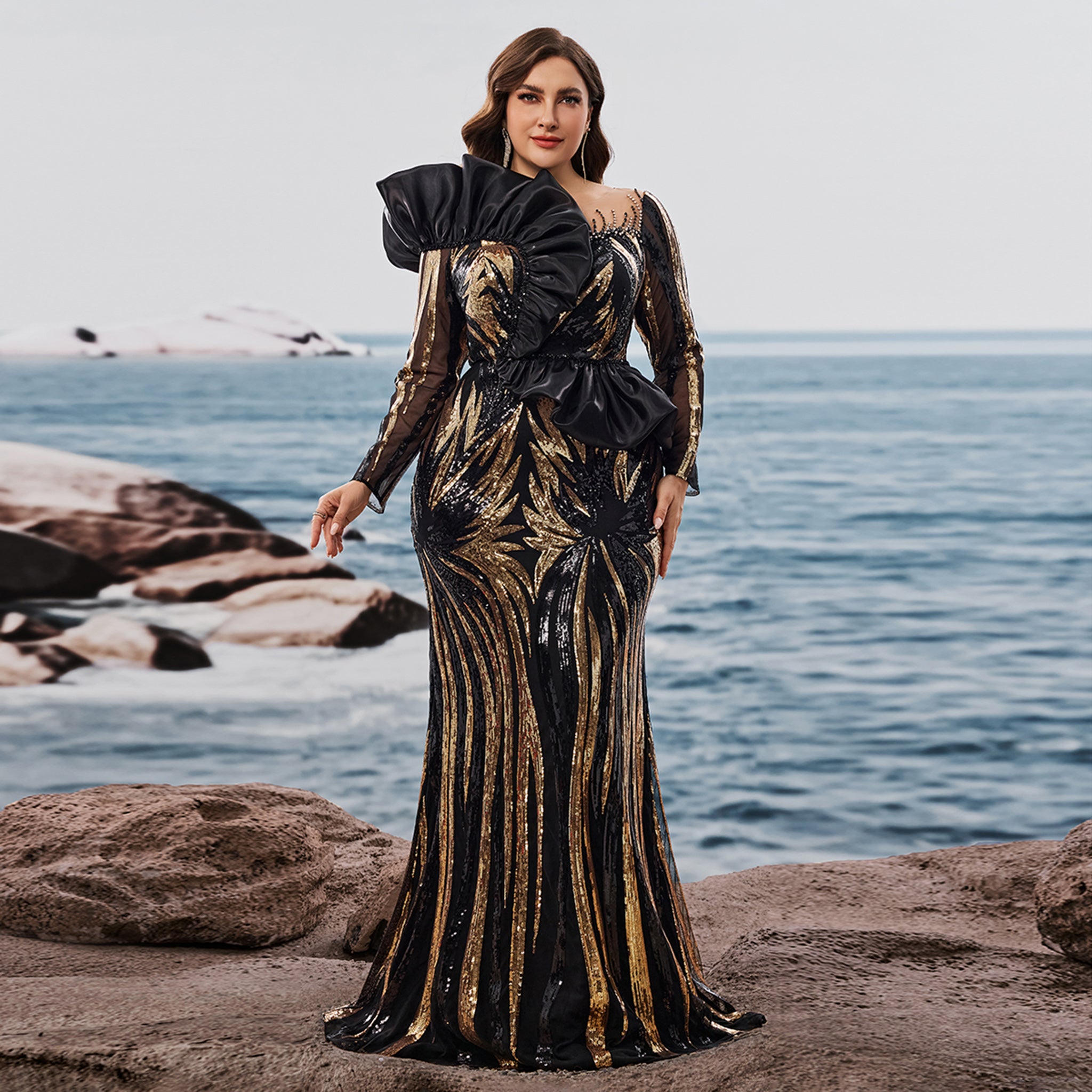 Plus Size Luxury Sequin Long Sleeves Mermaid Evening Dress with Ruffle Trim Black and Gold / 3XL Plus Size Luxury Sequin Long Sleeves Mermaid Evening Dress with Ruffle Trim Black and Gold / 3XL
