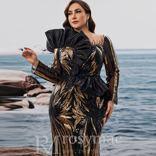 Plus Size Luxury Sequin Long Sleeves Mermaid Evening Dress with Ruffle Trim