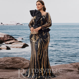 Plus Size Luxury Sequin Long Sleeves Mermaid Evening Dress with Ruffle Trim