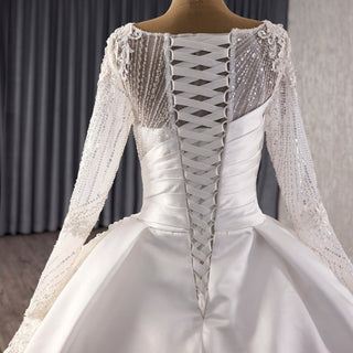 Long Sleeve High Back Ball Gown Wedding Dress Square Neckline - Rosymae