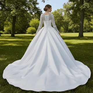 Long Sleeve High Back Ball Gown Wedding Dress Square Neckline - Rosymae