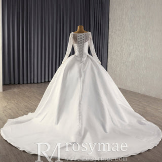 Long Sleeve High Back Ball Gown Wedding Dress Square Neckline - Rosymae