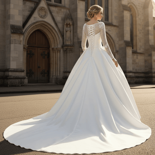 Long Sleeve High Back Ball Gown Wedding Dress Square Neckline - Rosymae