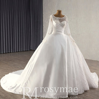 Long Sleeve High Back Ball Gown Wedding Dress Square Neckline - Rosymae
