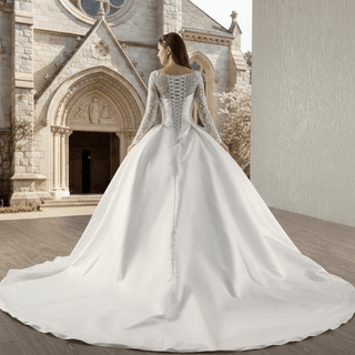 Long Sleeve High Back Ball Gown Wedding Dress Square Neckline - Rosymae