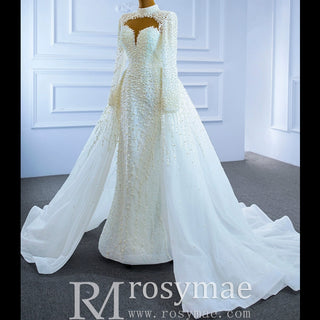 Long Sleeve High O Neck Pearl Wedding Dress with Overskirt - Rosymae