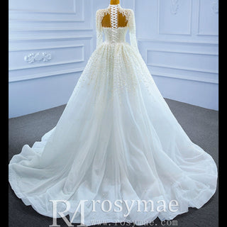 Long Sleeve High O Neck Pearl Wedding Dress with Overskirt - Rosymae
