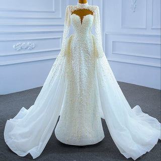 Long Sleeve High O Neck Pearl Wedding Dress with Overskirt - Rosymae
