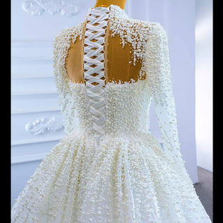 Long Sleeve High O Neck Pearl Wedding Dress with Overskirt - Rosymae