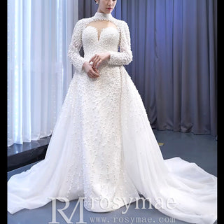 Long Sleeve High O Neck Pearl Wedding Dress with Overskirt - Rosymae
