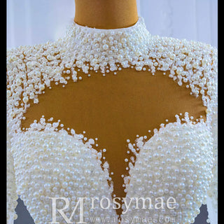 Long Sleeve High O Neck Pearl Wedding Dress with Overskirt - Rosymae