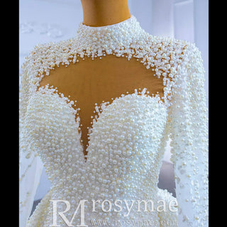 Long Sleeve High O Neck Pearl Wedding Dress with Overskirt - Rosymae