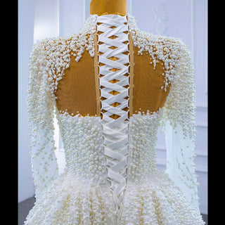 Long Sleeve High O Neck Pearl Wedding Dress with Overskirt - Rosymae