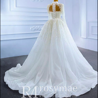 Long Sleeve High O Neck Pearl Wedding Dress with Overskirt - Rosymae
