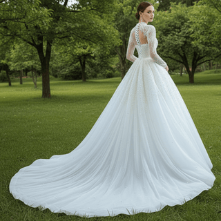 Long Sleeve High O Neck Pearl Wedding Dress with Overskirt - Rosymae