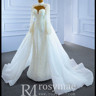 Long Sleeve High O Neck Pearl Wedding Dress with Overskirt - Rosymae