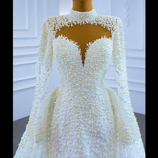 Long Sleeve High O Neck Pearl Wedding Dress with Overskirt - Rosymae