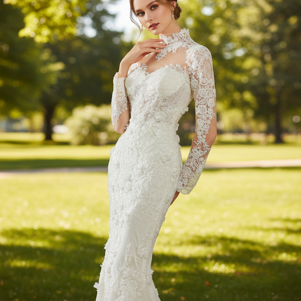 Elegant Lace Mermaid Wedding Dress with Long Sleeve Jacket Rosymae Elegant Lace Mermaid Wedding Dress with Long Sleeve Jacket Rosymae