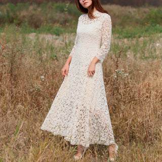 Long Sleeve High Neck Lace Wedding Dress with Ankle Length